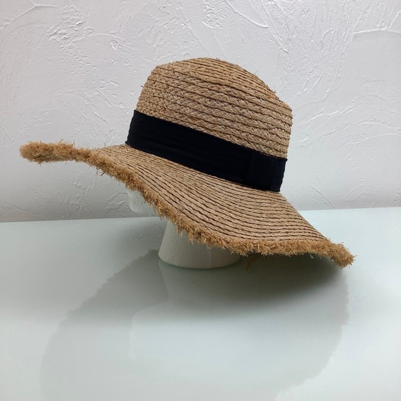 Lucca Raffia Natural Wide Rim Hat with Black band Adjustable Size NEW - Picture 1 of 11